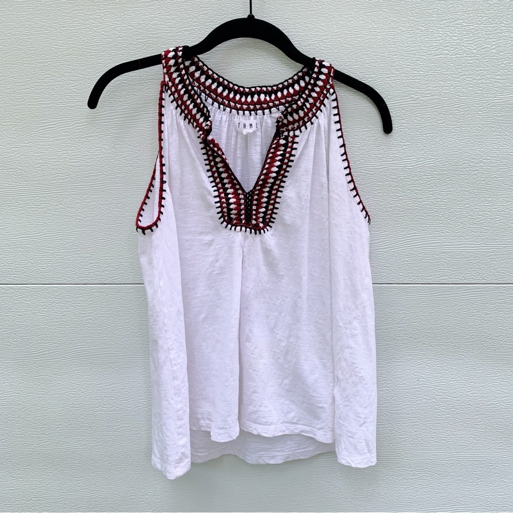 THML White Sleeveless Tank with Red and Black Embroidered Trim